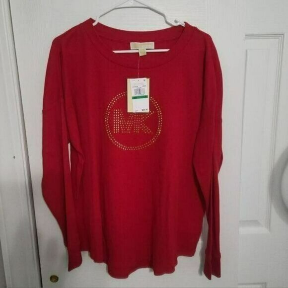 Michael Michael Kors Women's Rhinestone-Logo Waffle-Knit Top - Crimson, NWT SZ L - Picture 4 of 6